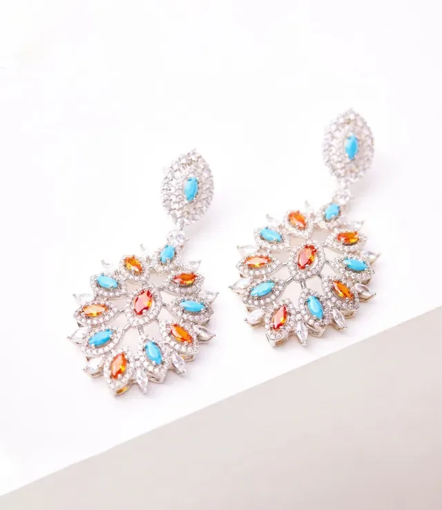 Multicolor Turquoise and Orange Crystal Chandelier Earrings 1