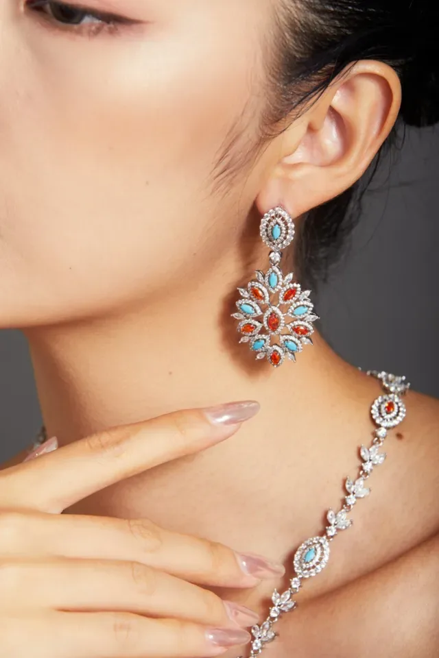 Multicolor Turquoise and Orange Crystal Chandelier Earrings 2