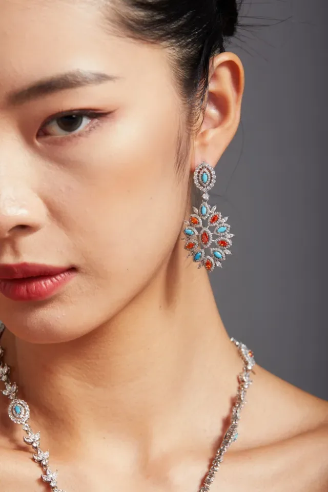 Multicolor Turquoise and Orange Crystal Chandelier Earrings 3