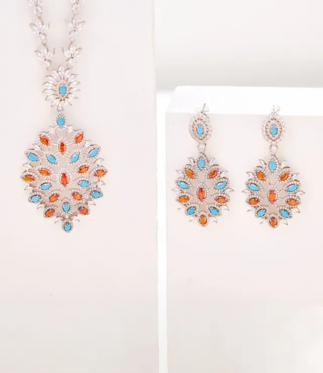 Multicolor Turquoise and Orange Crystal Chandelier Earrings 4