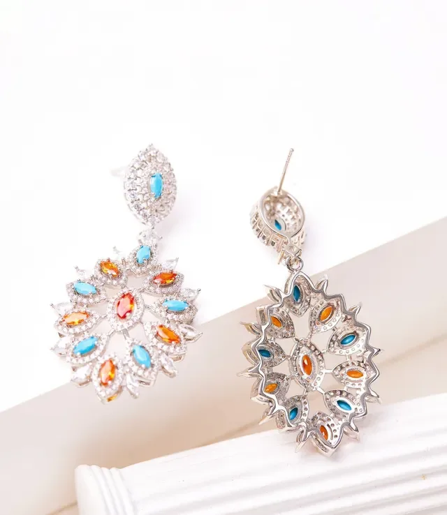 Multicolor Turquoise and Orange Crystal Chandelier Earrings 6
