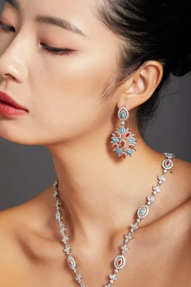 Multicolor Turquoise and Orange Crystal Chandelier Earrings 7