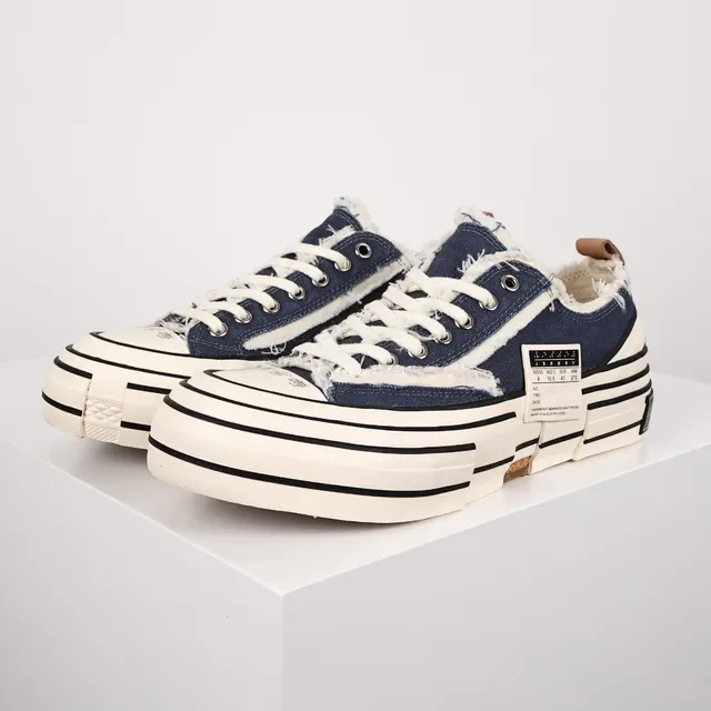 Navy Beige Frayed Raw-Edge Canvas Layered Striped Rubber Sole Sneakers 2