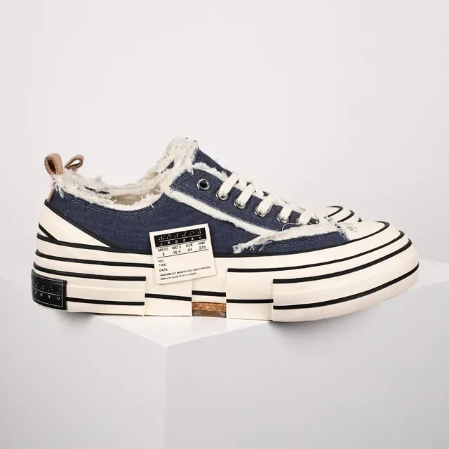 Navy Beige Frayed Raw-Edge Canvas Layered Striped Rubber Sole Sneakers 3