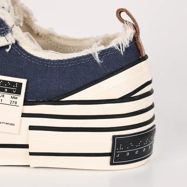 Navy Beige Frayed Raw-Edge Canvas Layered Striped Rubber Sole Sneakers 4