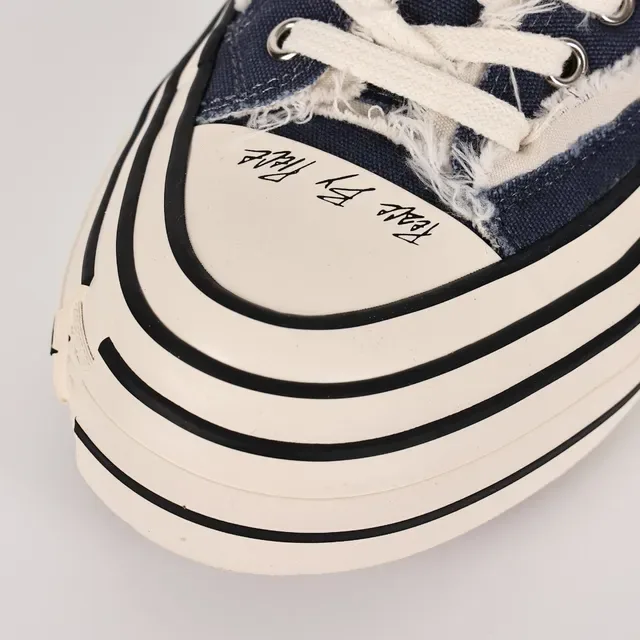 Navy Beige Frayed Raw-Edge Canvas Layered Striped Rubber Sole Sneakers 5