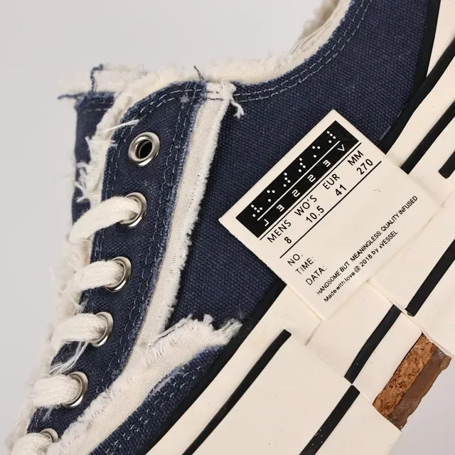 Navy Beige Frayed Raw-Edge Canvas Layered Striped Rubber Sole Sneakers 6