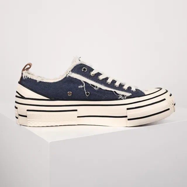 Navy Beige Frayed Raw-Edge Canvas Layered Striped Rubber Sole Sneakers 7