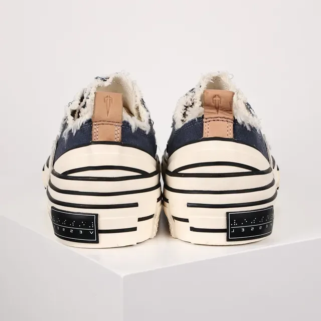 Navy Beige Frayed Raw-Edge Canvas Layered Striped Rubber Sole Sneakers 8