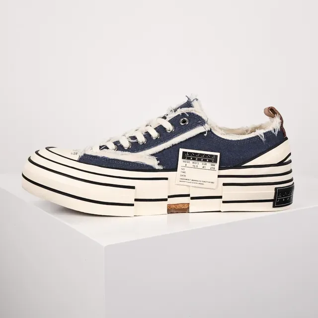 Navy Beige Frayed Raw-Edge Canvas Layered Striped Rubber Sole Sneakers 9
