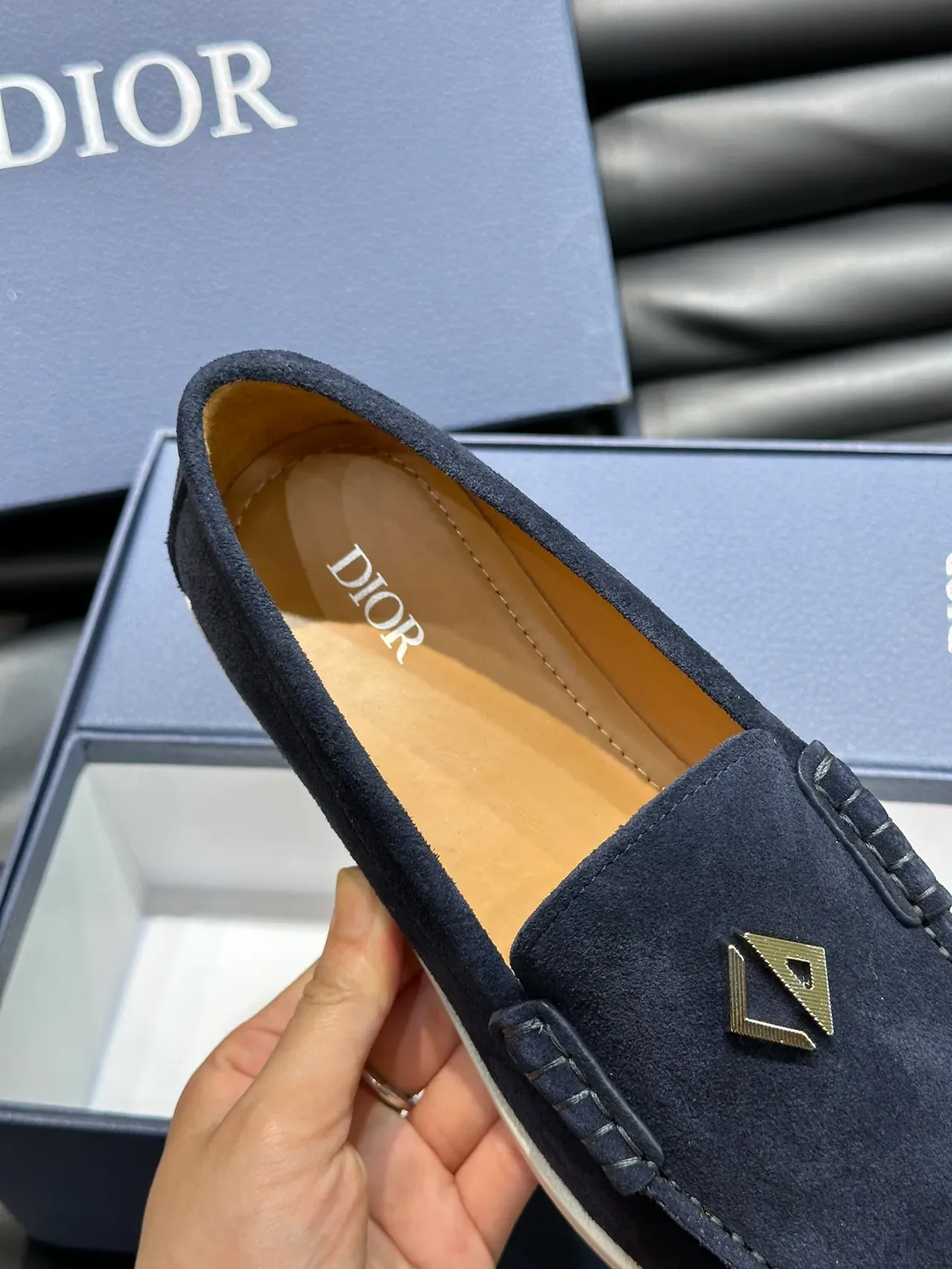 Navy Beige Suede Metal Plaque Hardware Loafer 3