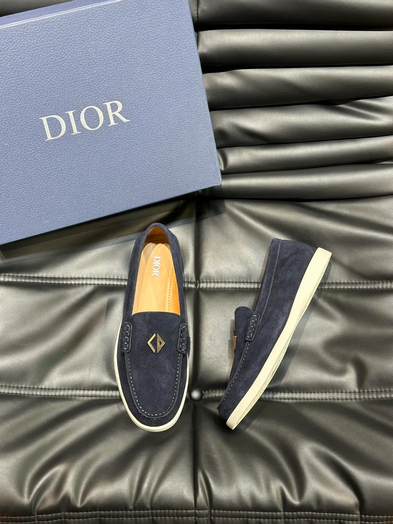 Navy Beige Suede Metal Plaque Hardware Loafer 5