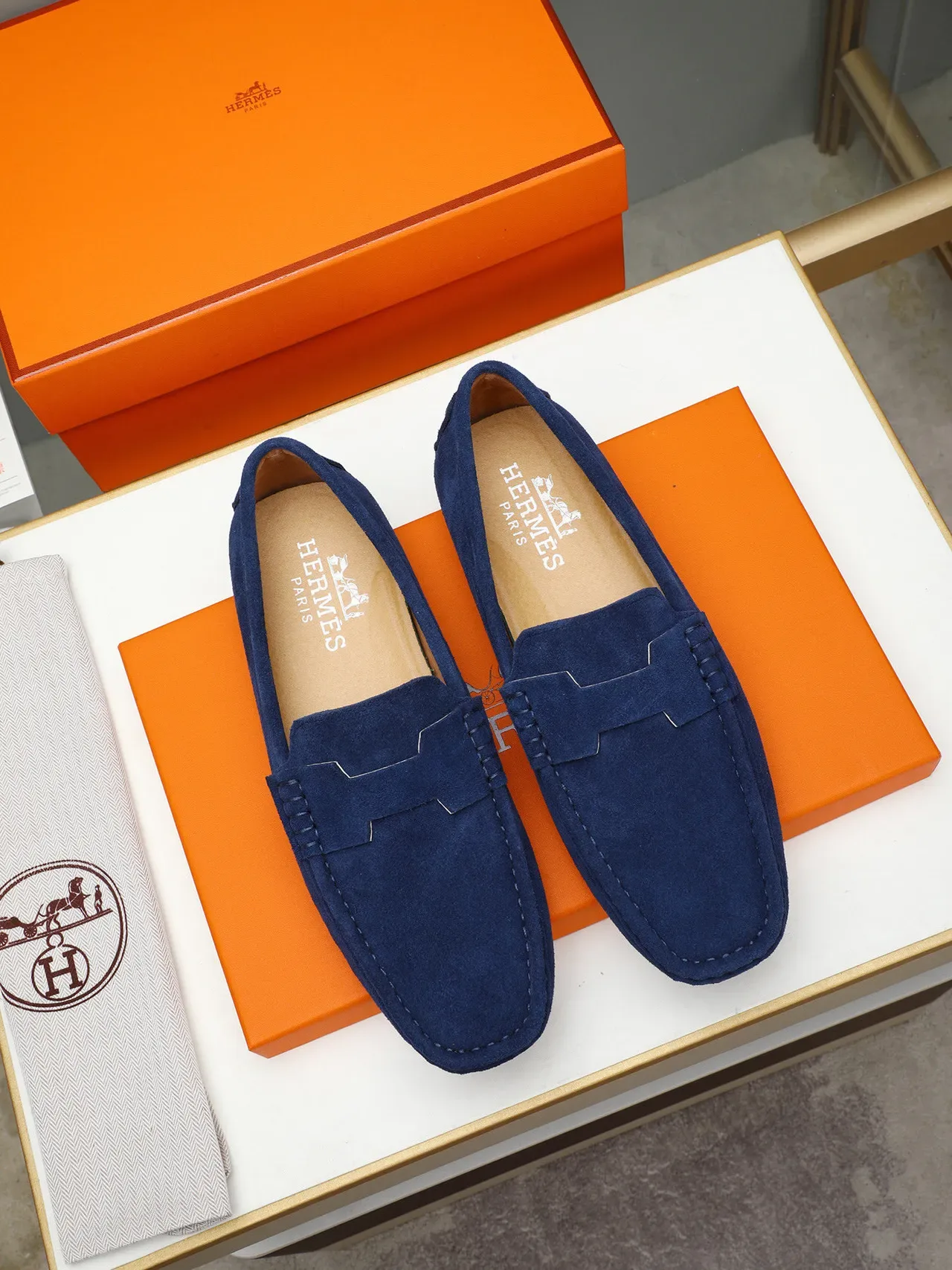 Mocassin daim Navy Beige bride penny 2