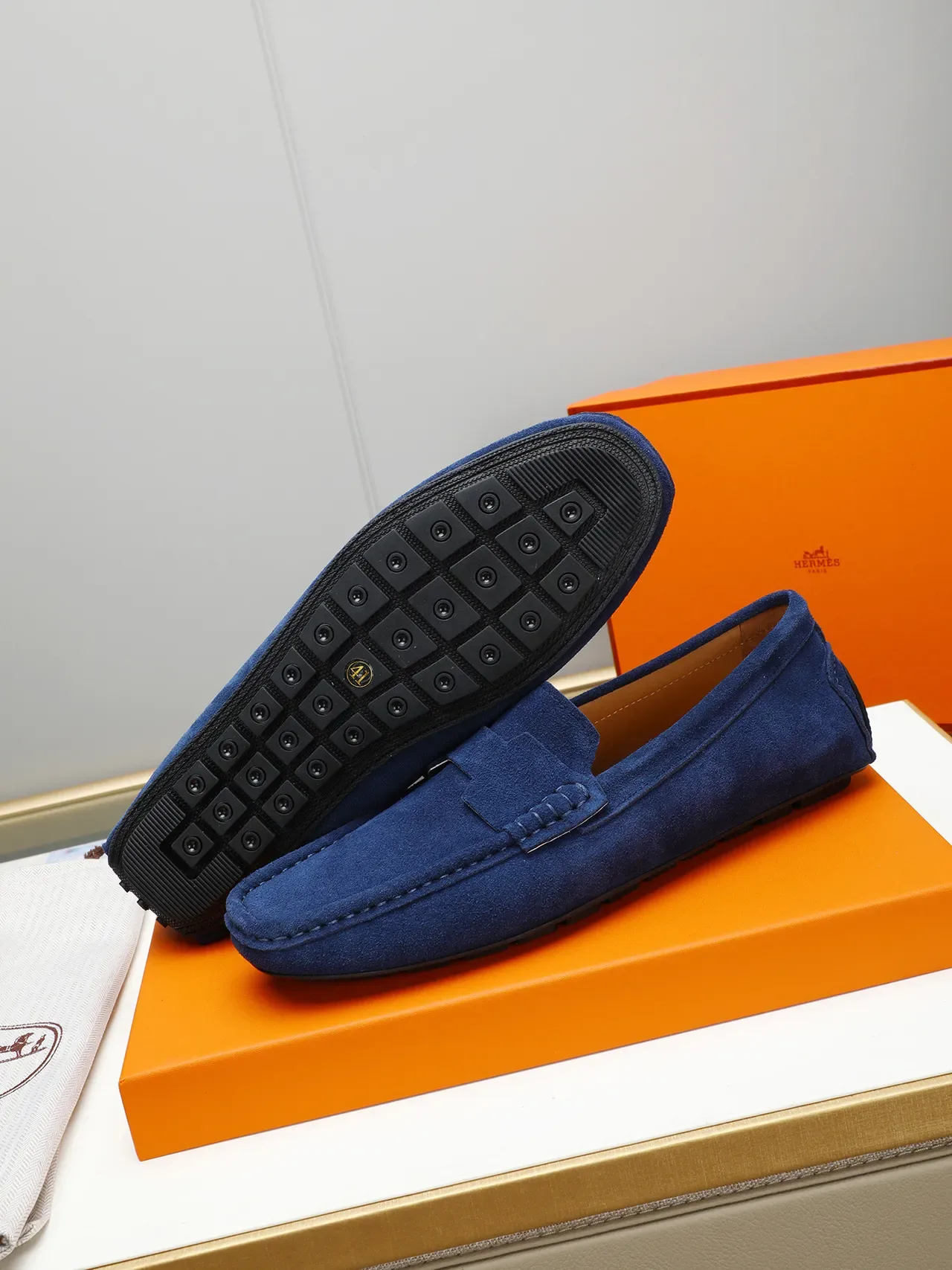 Mocassin daim Navy Beige bride penny 4