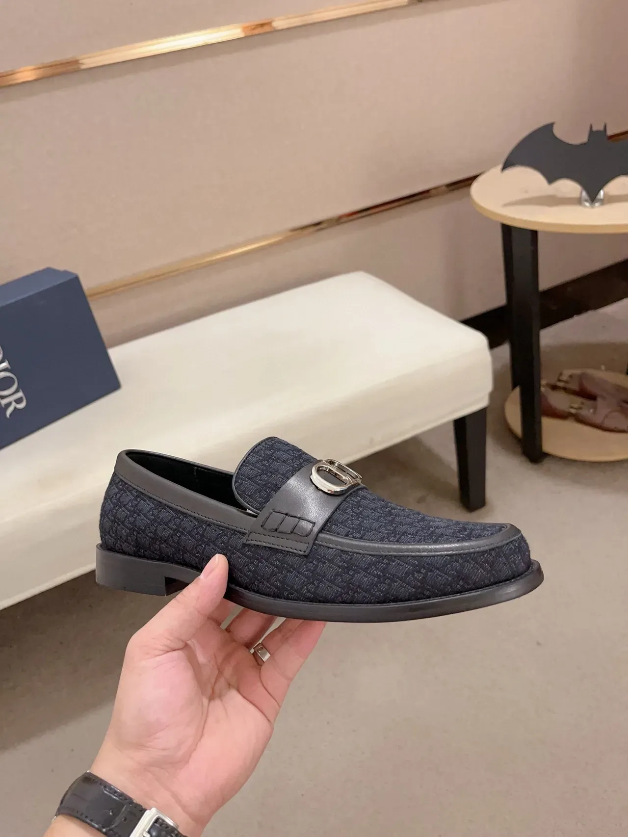 Navy Black Textured Monogrammed Fabric Upper Leather Trim Loafer 4