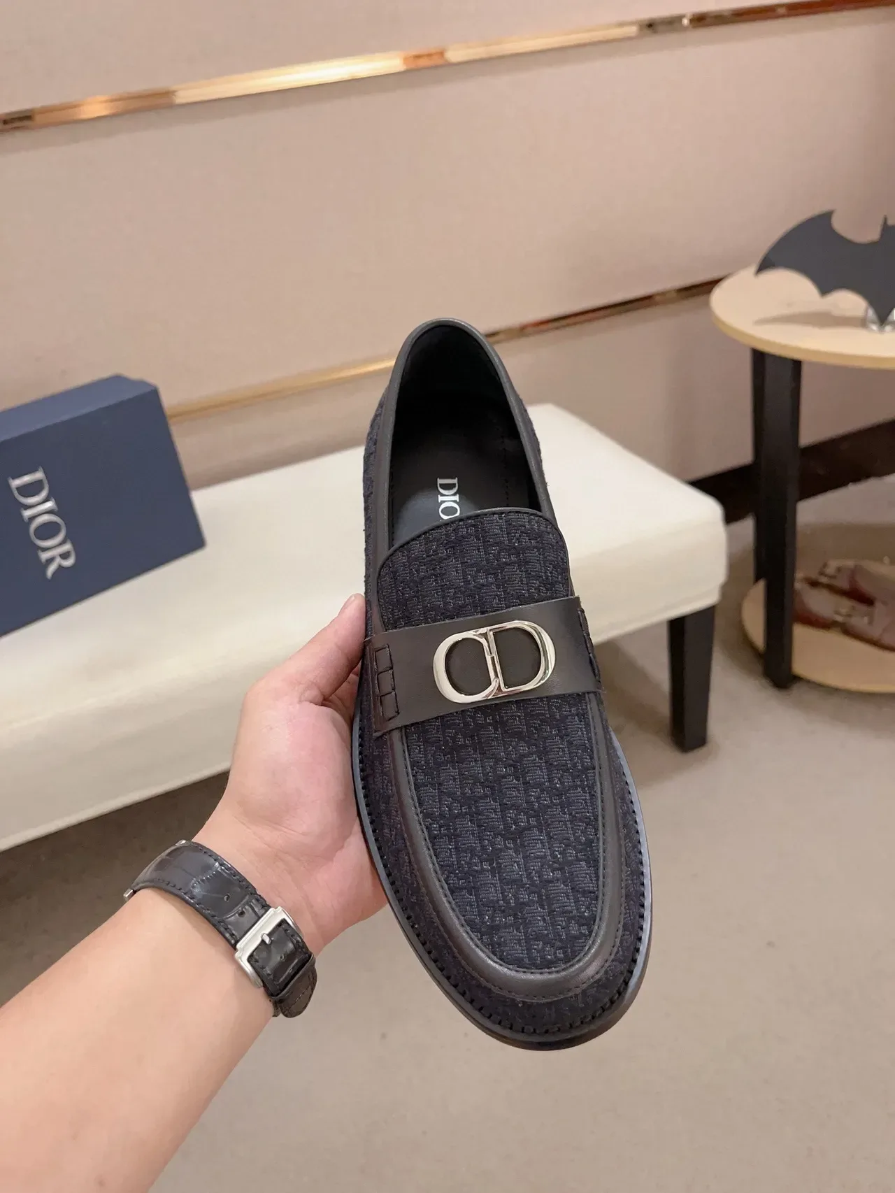 Navy Black Textured Monogrammed Fabric Upper Leather Trim Loafer 5