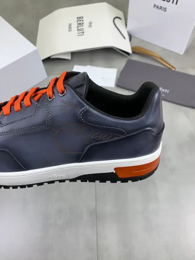 Navy Blue and Orange Leather Low-Top Sneaker 4
