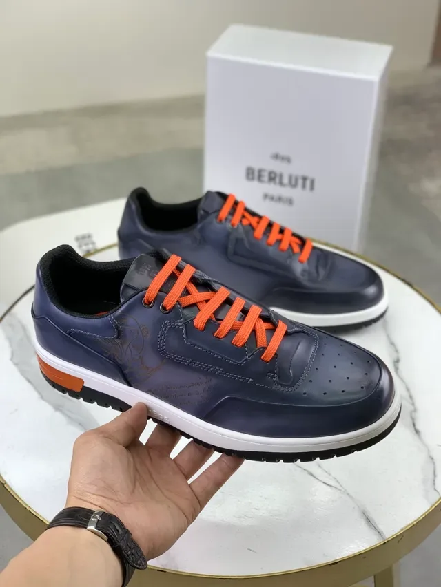 Navy Blue and Orange Leather Low-Top Sneaker 5