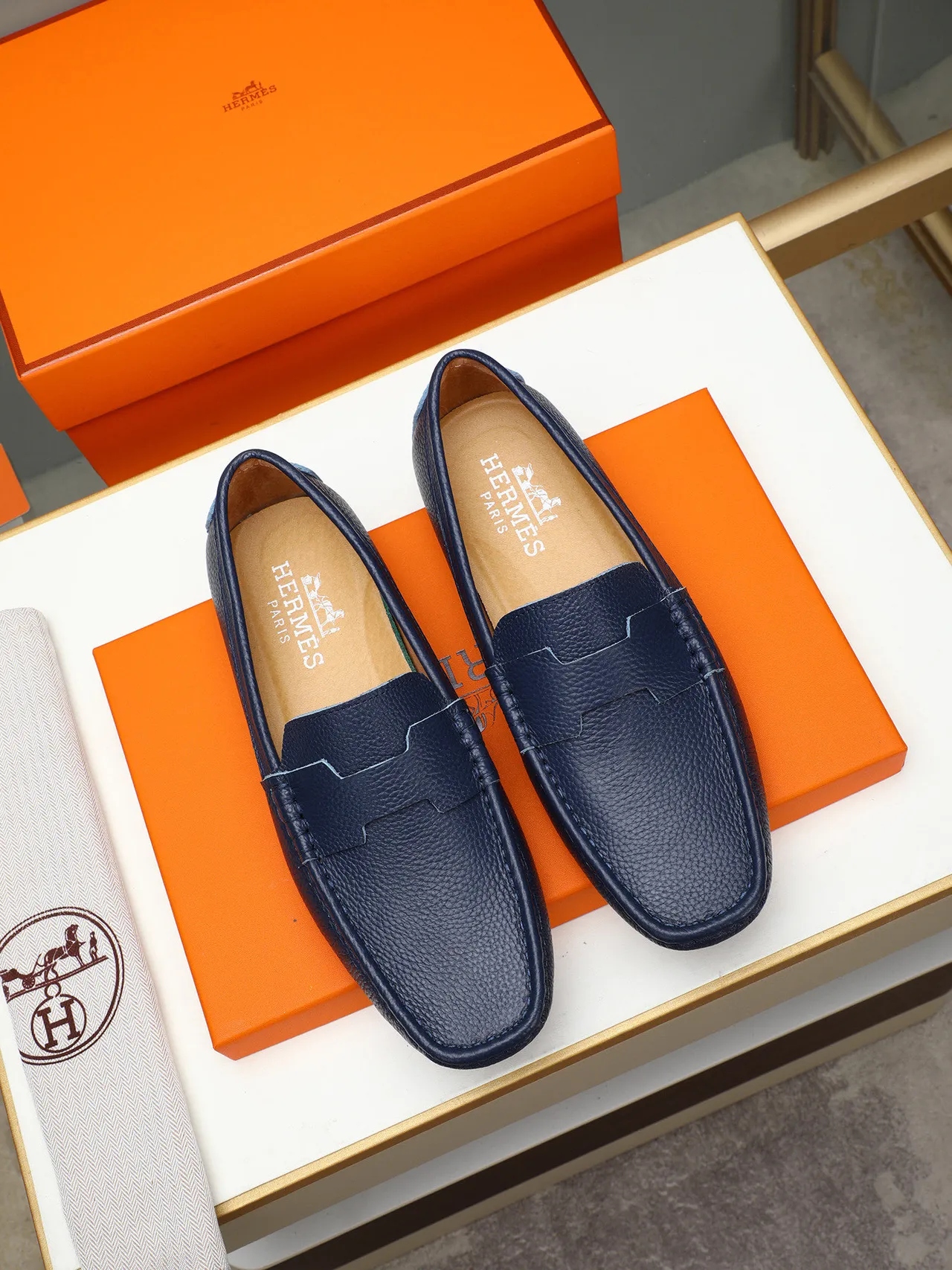 Navy Brown Pebbled Leather Penny Loafer 2
