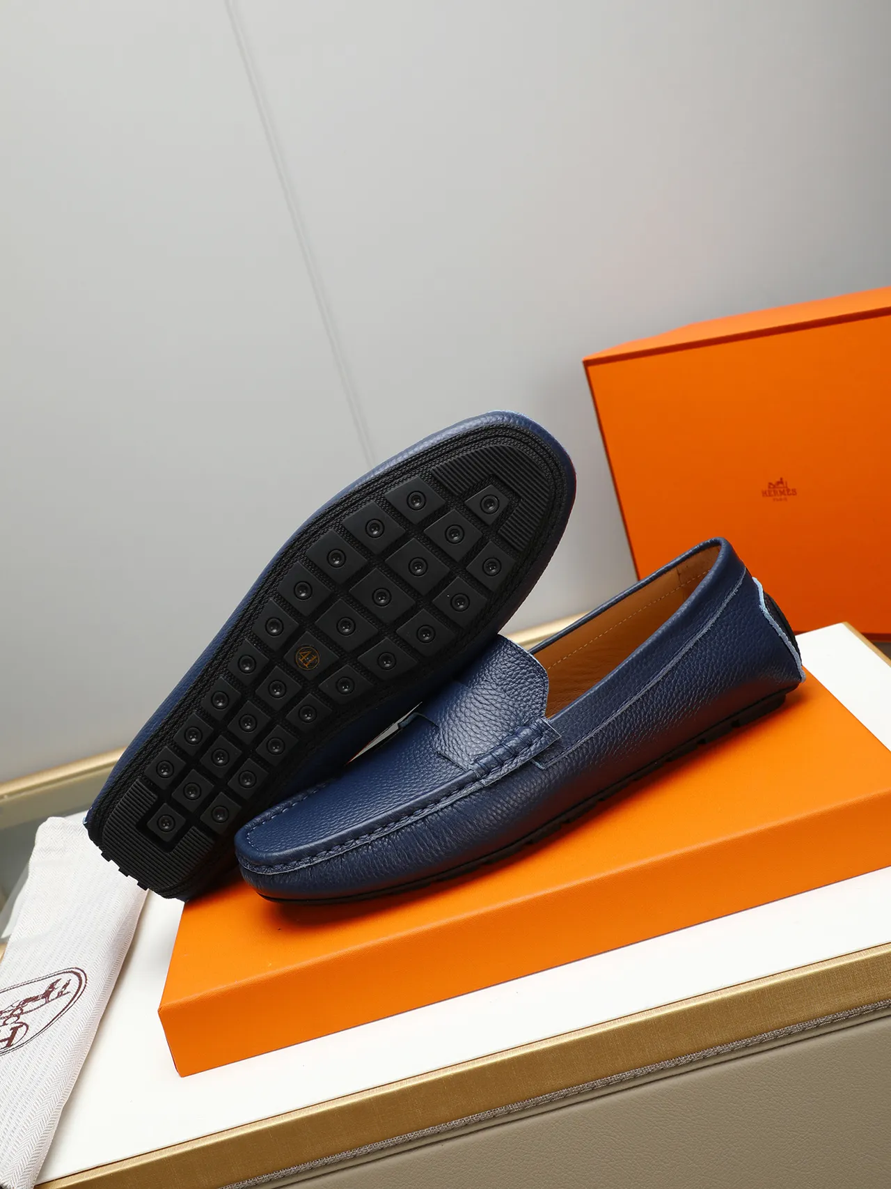 Navy Brown Pebbled Leather Penny Loafer 4