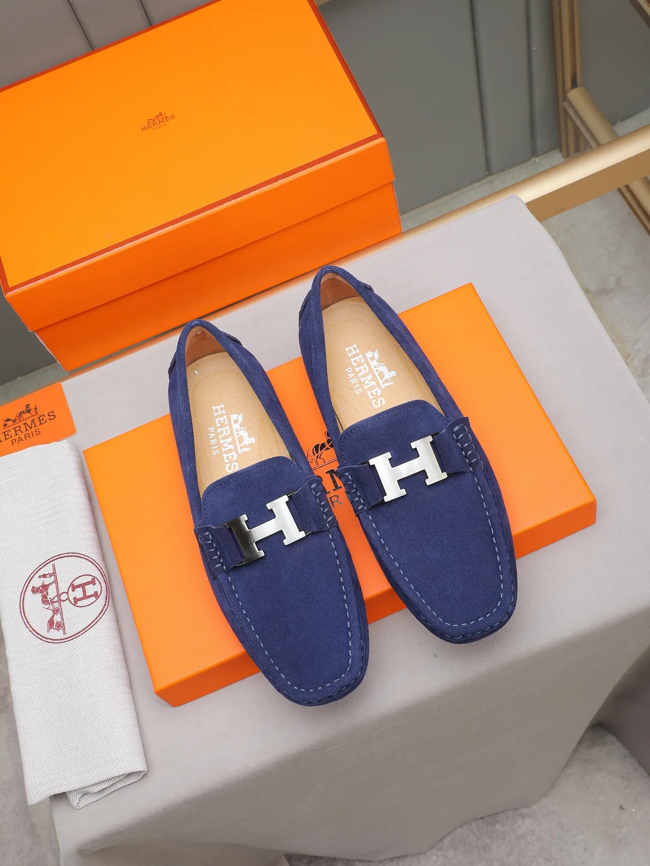 Navy Brown Suede Upper Metal H-Buckle Loafer 2