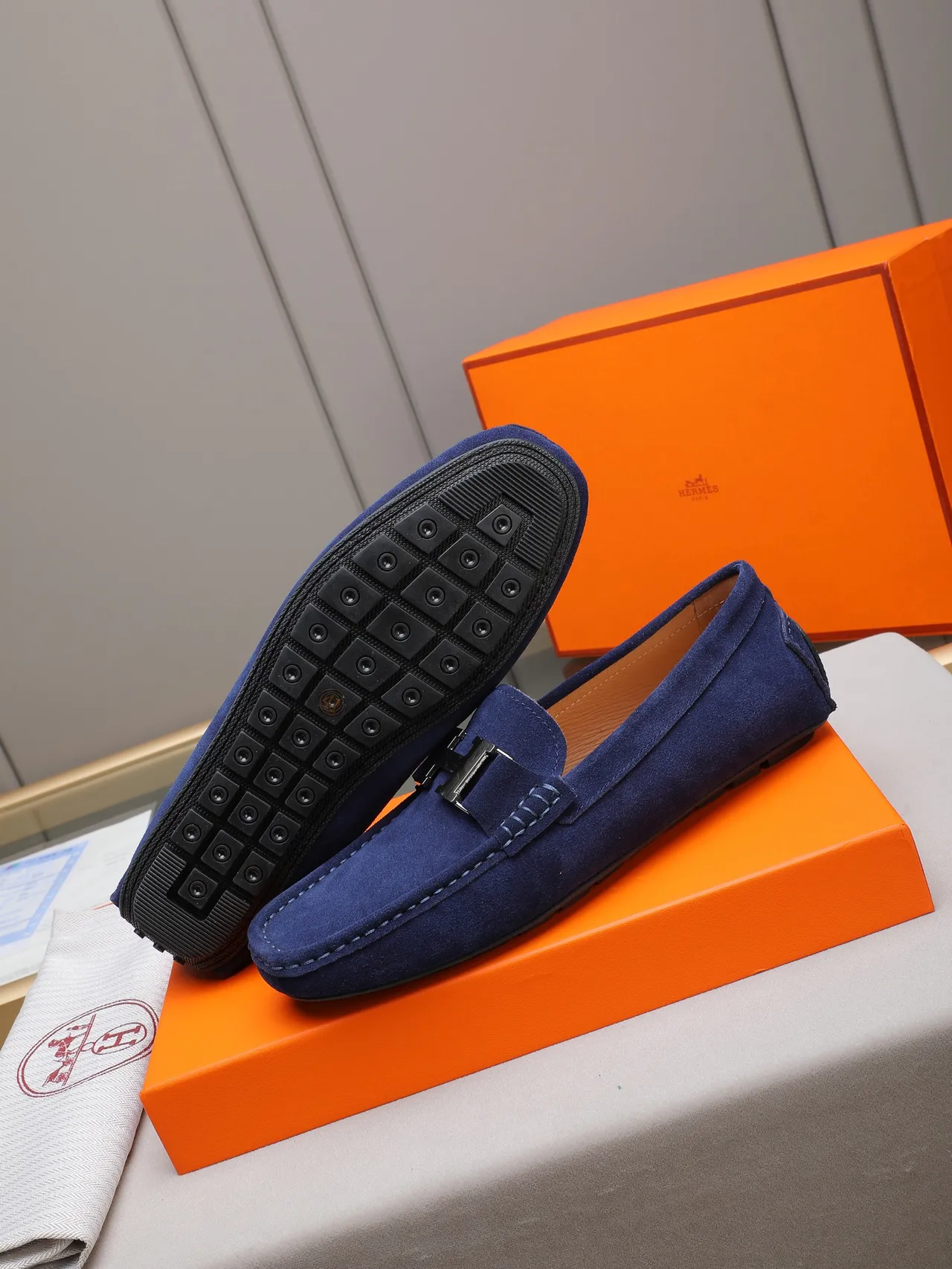 Navy Brown Suede Upper Metal H-Buckle Loafer 4