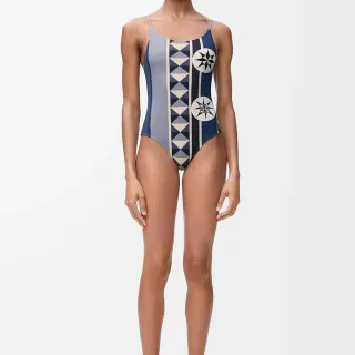Navy Gray Geometric Paneling Compass Rose Motifs Swimwear