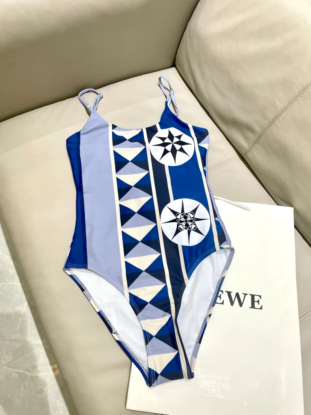 Navy Gray Geometric Paneling Compass Rose Motifs Swimwear 2