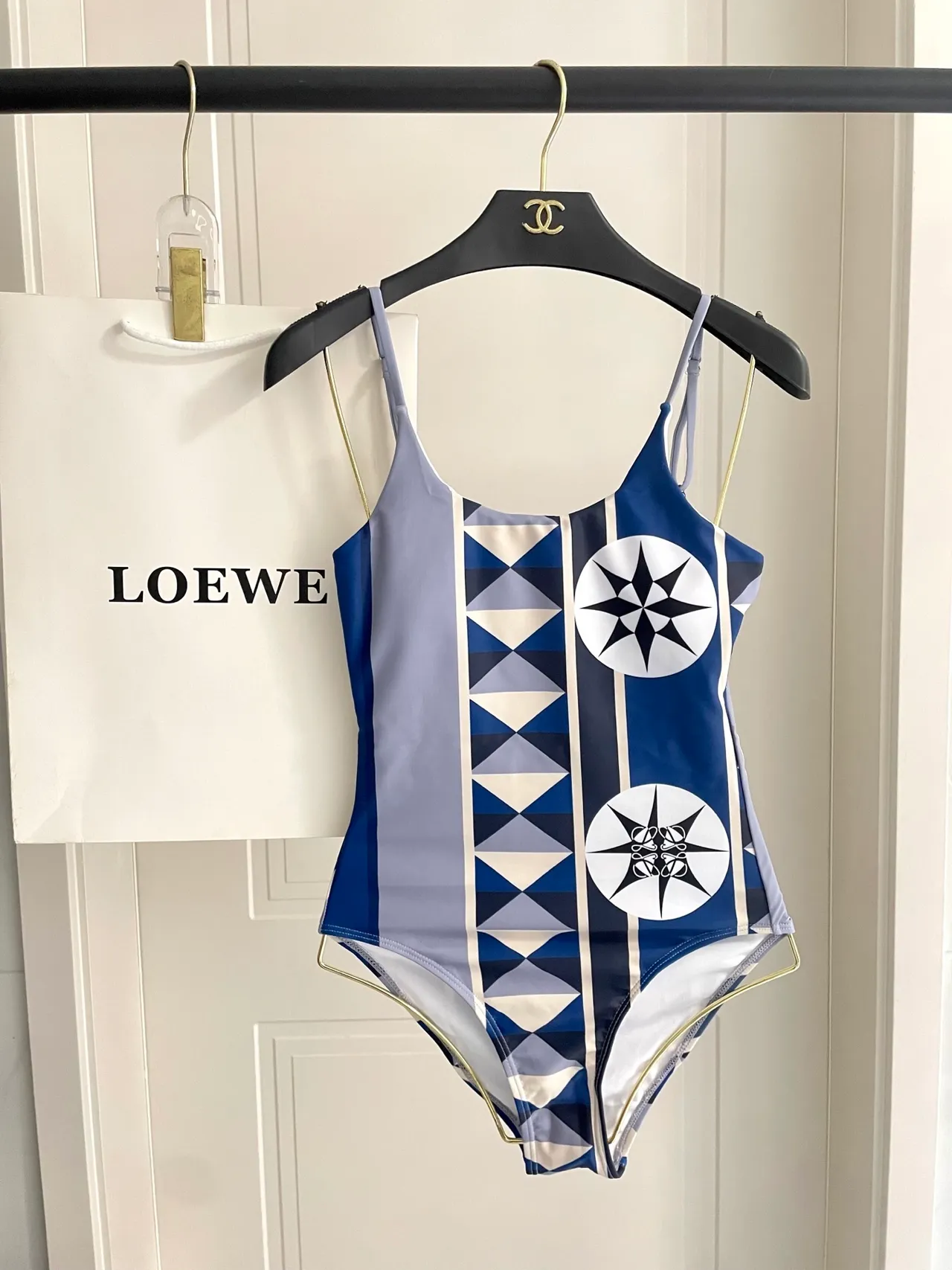 Navy Gray Geometric Paneling Compass Rose Motifs Swimwear 7