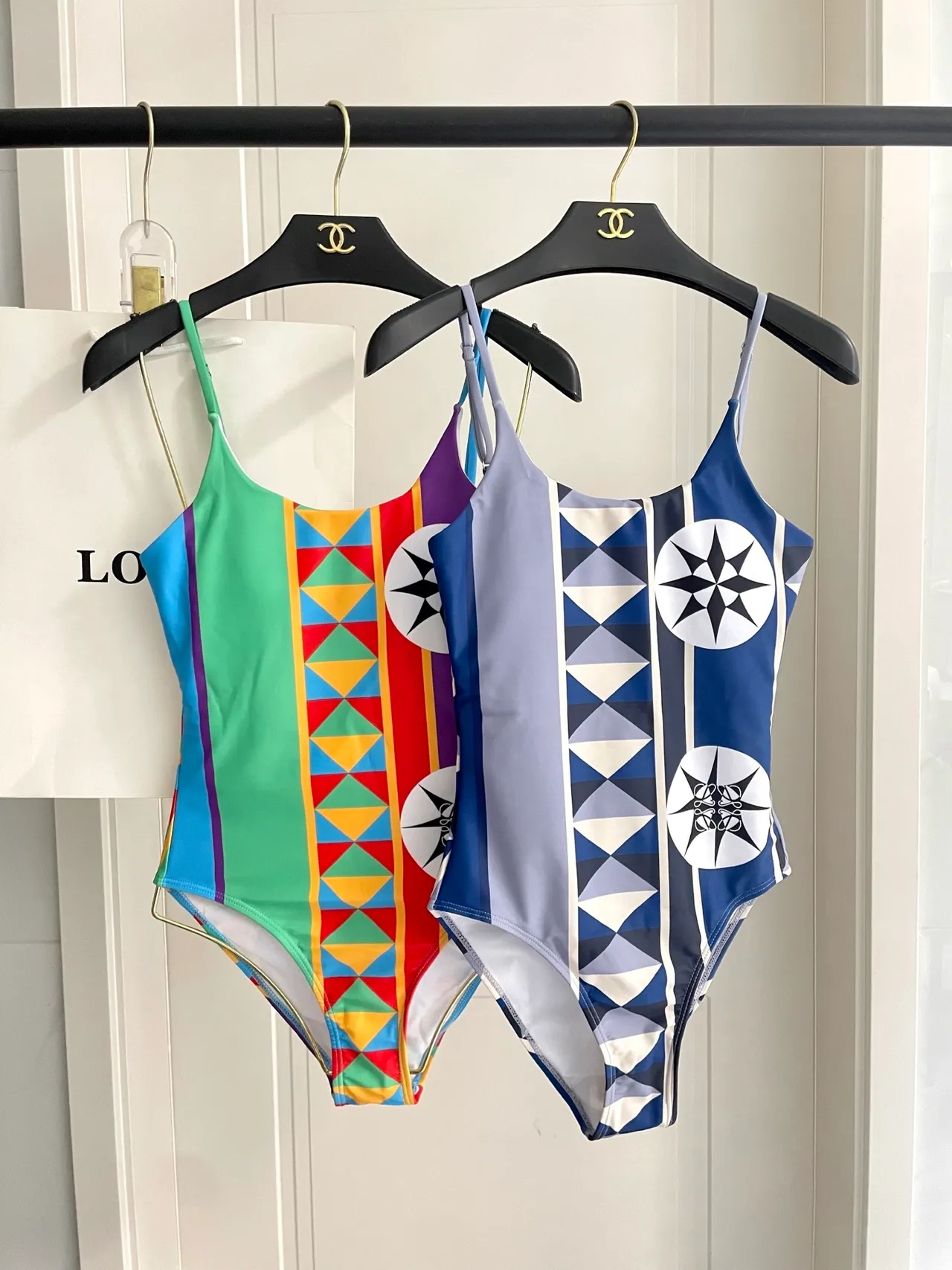 Navy Gray Geometric Paneling Compass Rose Motifs Swimwear 8