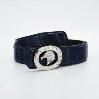 Navy Silver Crocodile-Embossed Oval Buckle Leather Belt