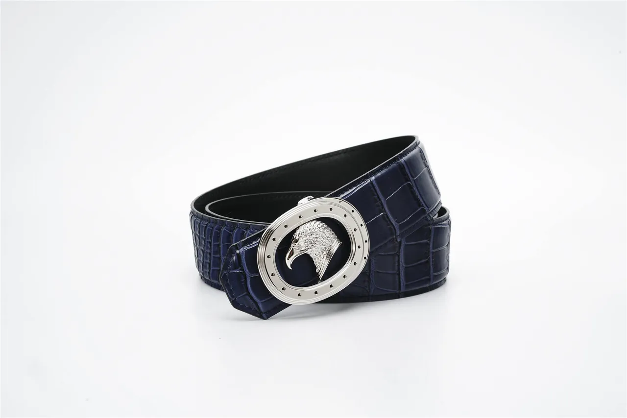 Navy Silver Crocodile-Embossed Oval Buckle Leather Belt 2