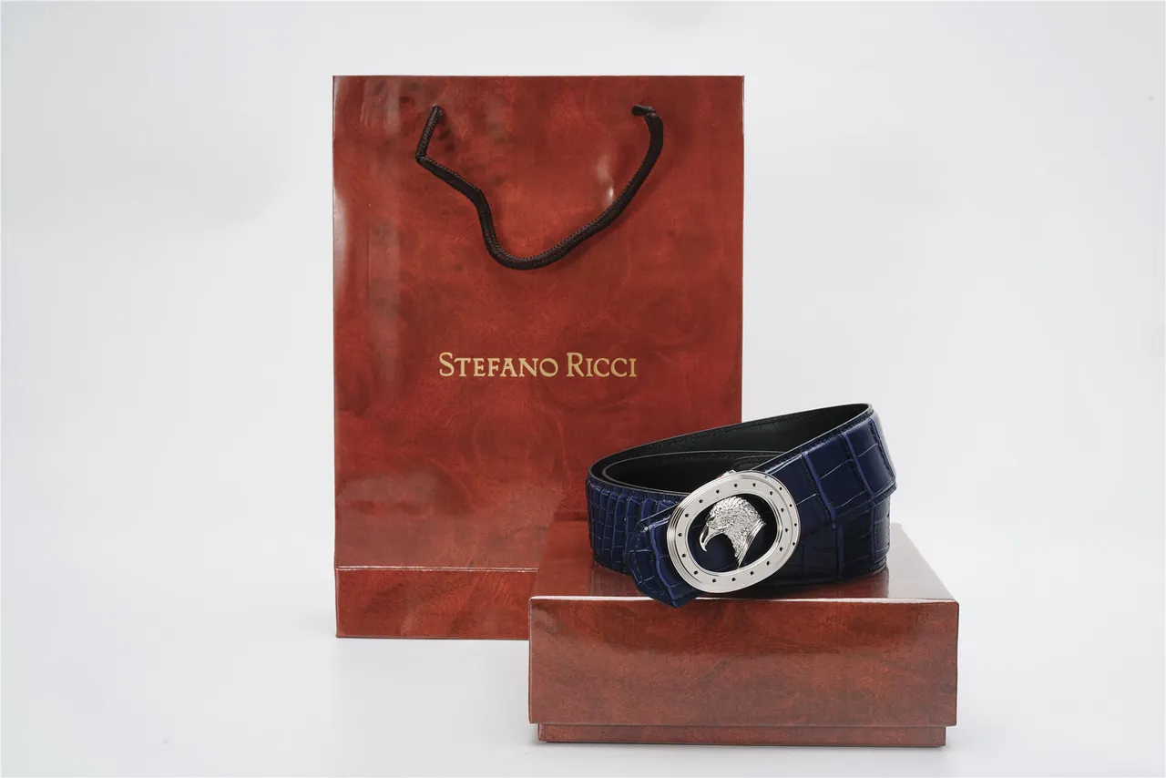 Navy Silver Crocodile-Embossed Oval Buckle Leather Belt 4