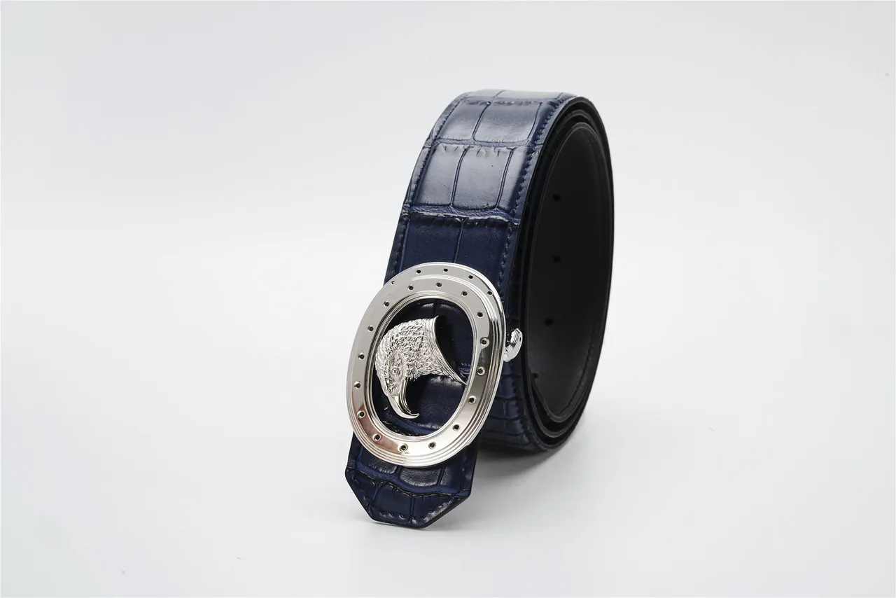 Navy Silver Crocodile-Embossed Oval Buckle Leather Belt 7