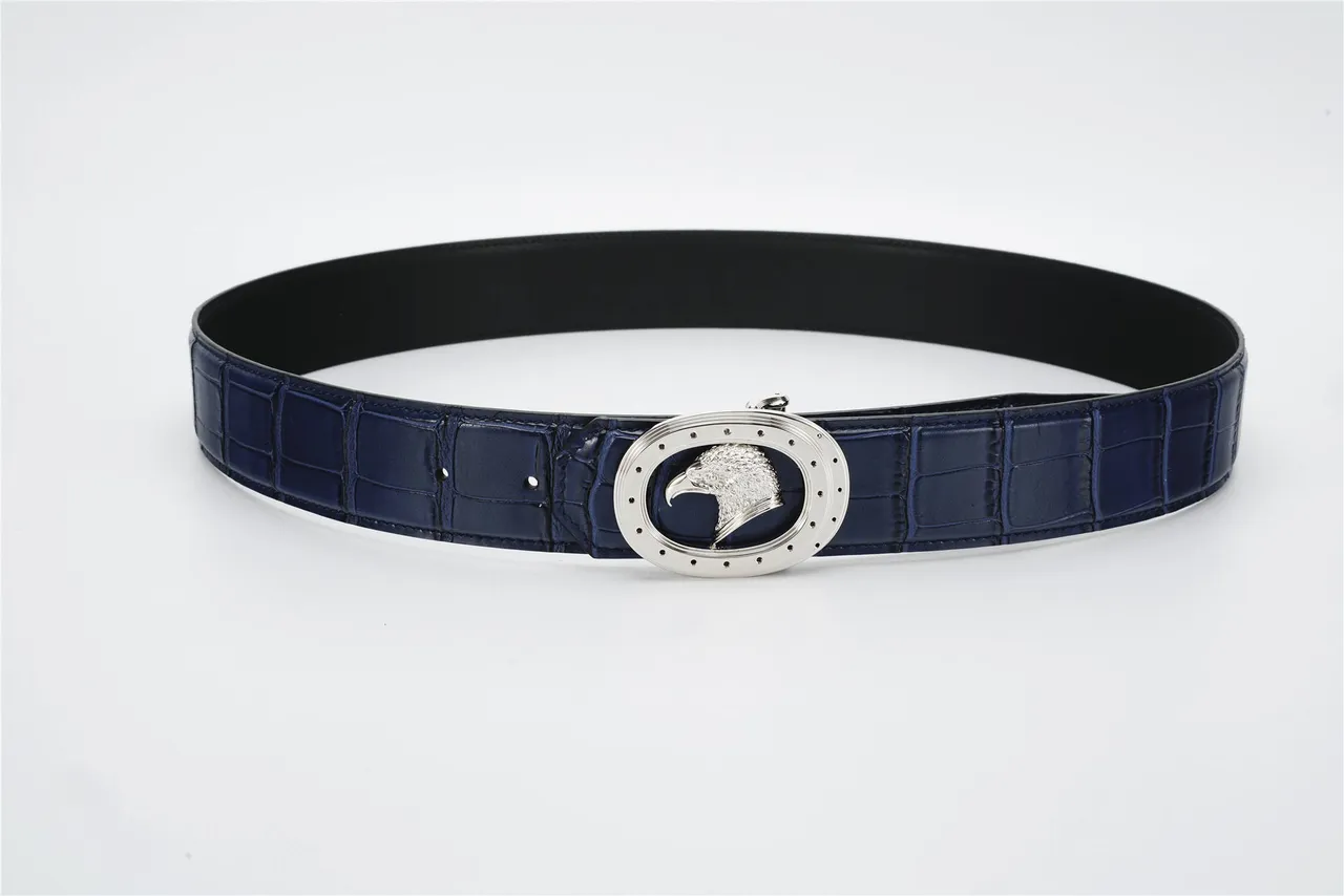 Navy Silver Crocodile-Embossed Oval Buckle Leather Belt 9
