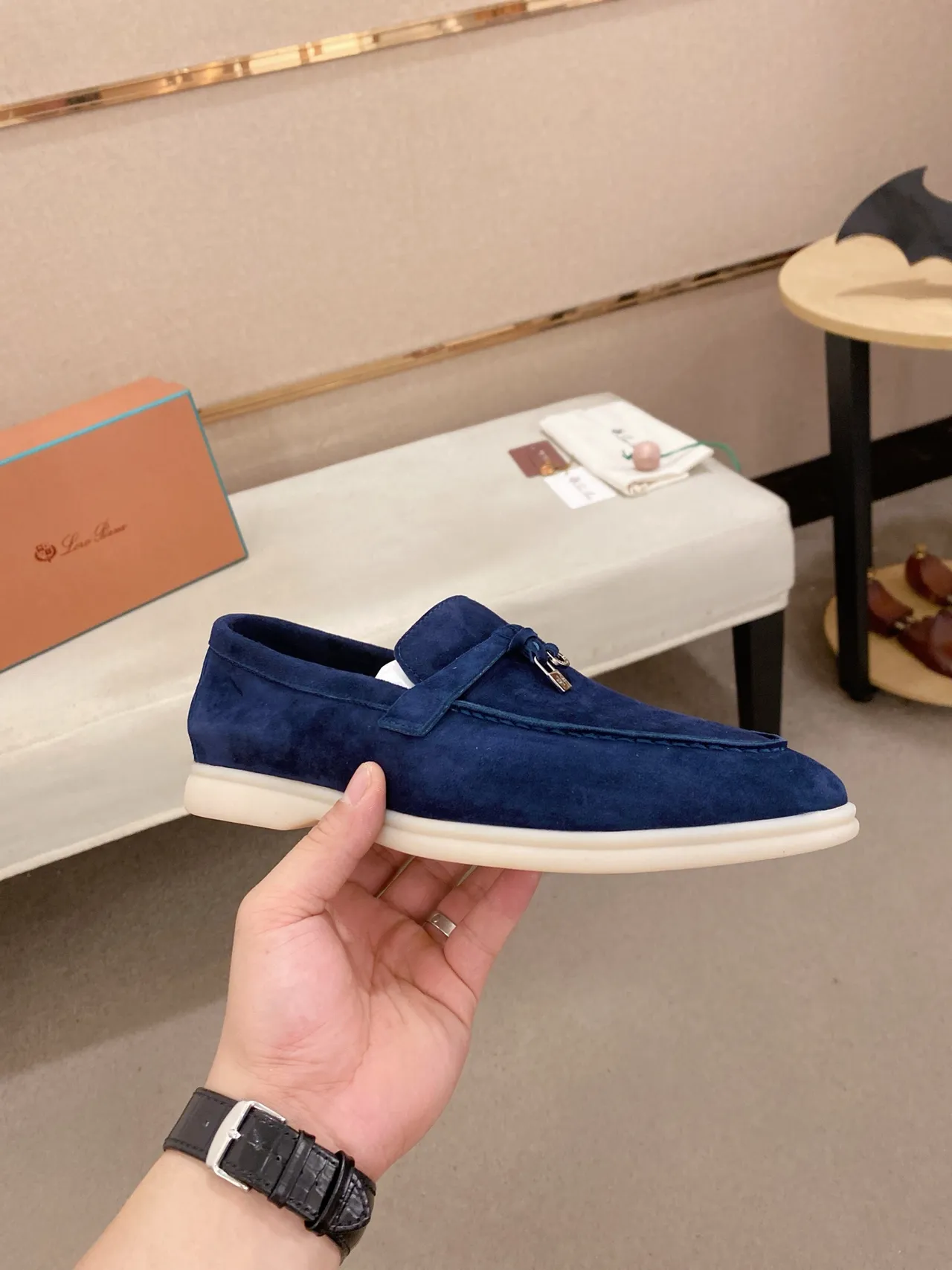 Navy White Suede Slip-On Loafer 4