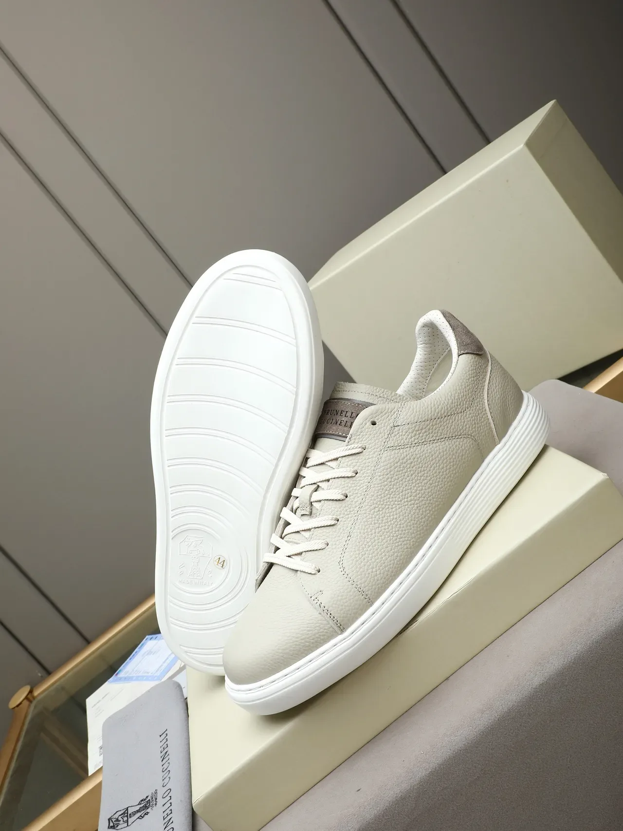Nello Cucinelli Off-White Pebbled Leather Lifestyle Sneaker 4