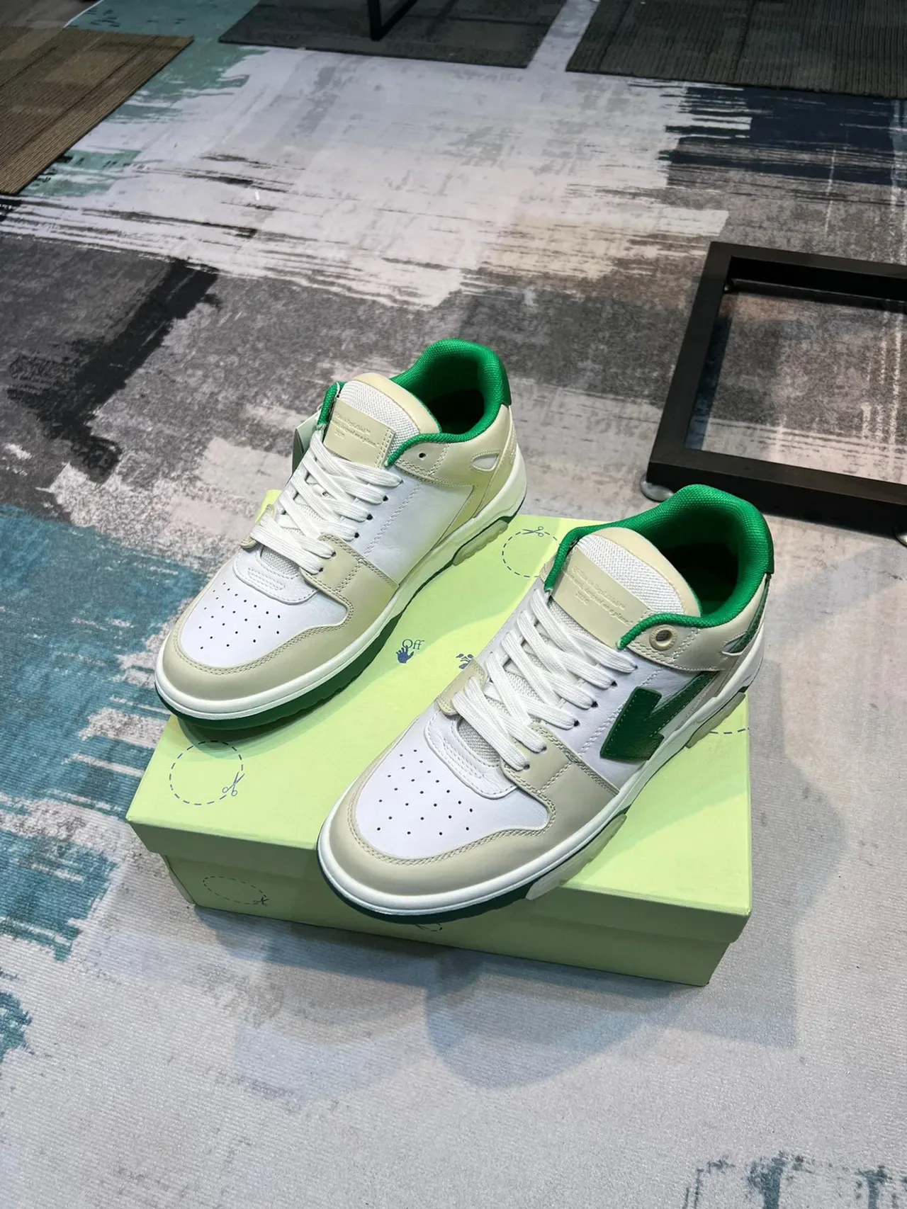 Off-White Cream and Green Arrow Logo Lifestyle Sneakers 5