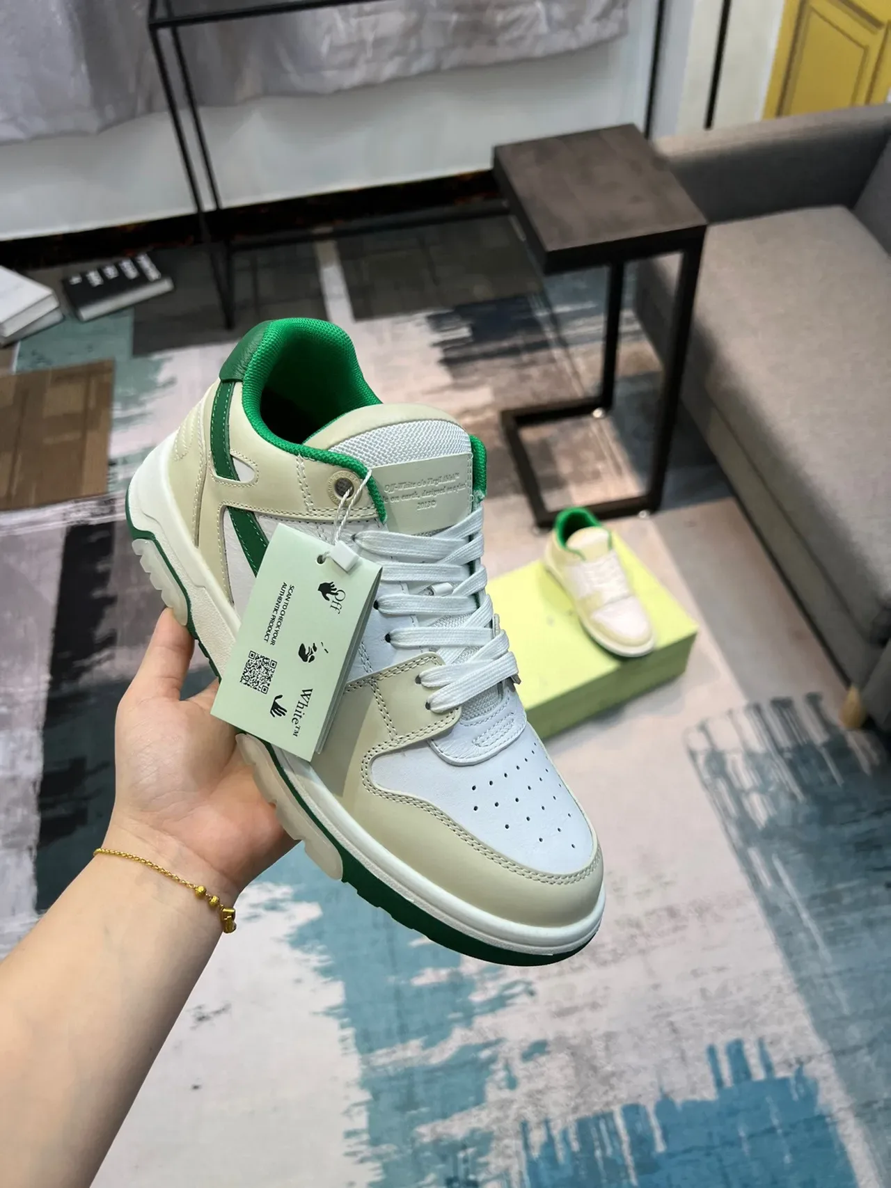 Off-White Cream and Green Arrow Logo Lifestyle Sneakers 6