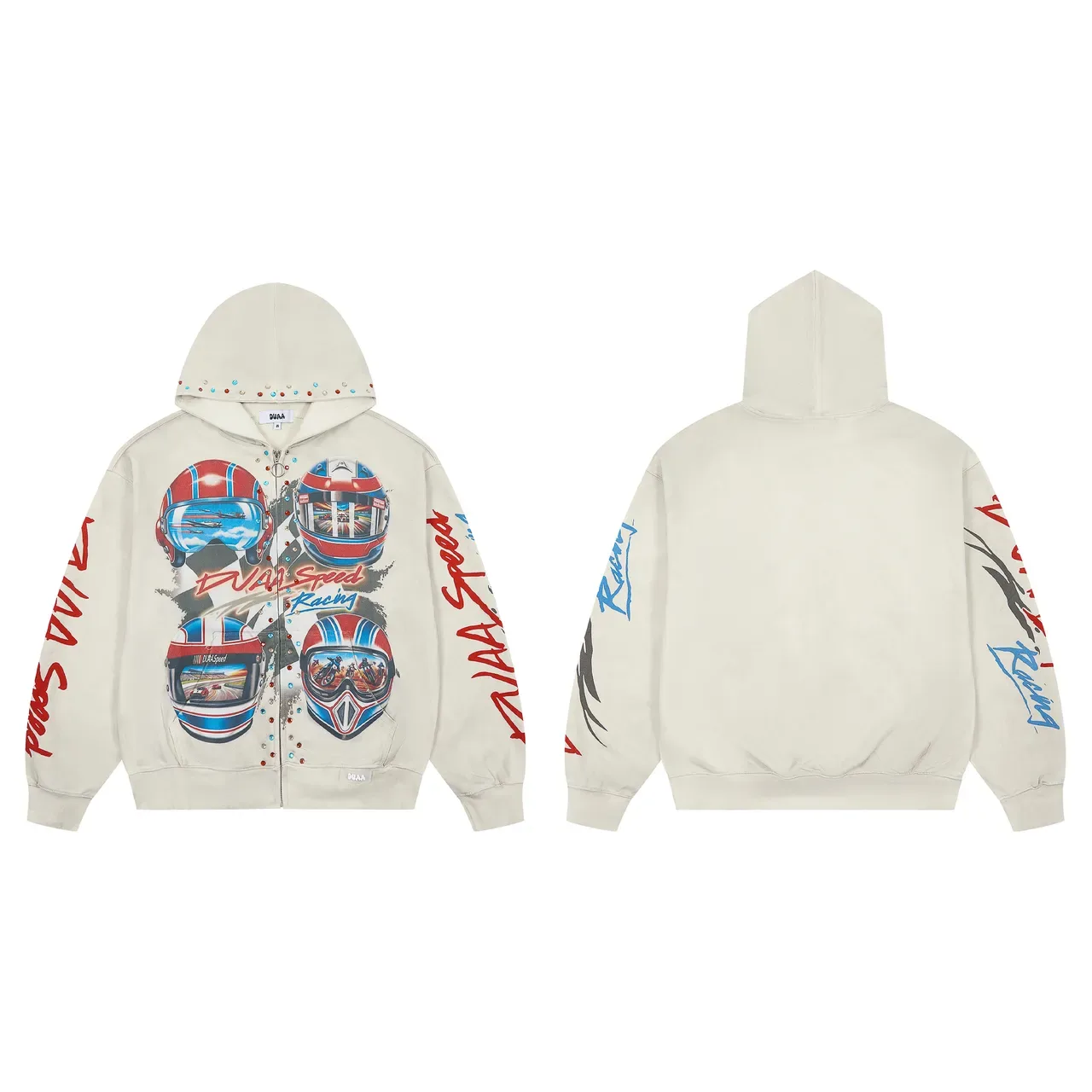 Off-White Graphic-Print Rhinestone-Embellished Racing-Themed Zip-Up Hoodie 2
