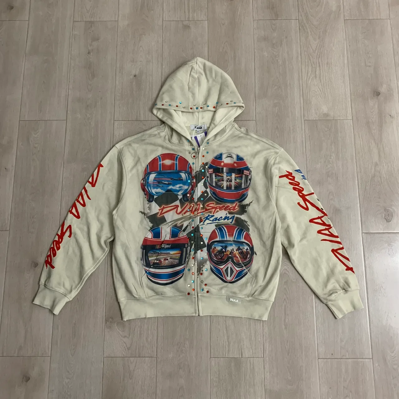Off-White Graphic-Print Rhinestone-Embellished Racing-Themed Zip-Up Hoodie 5