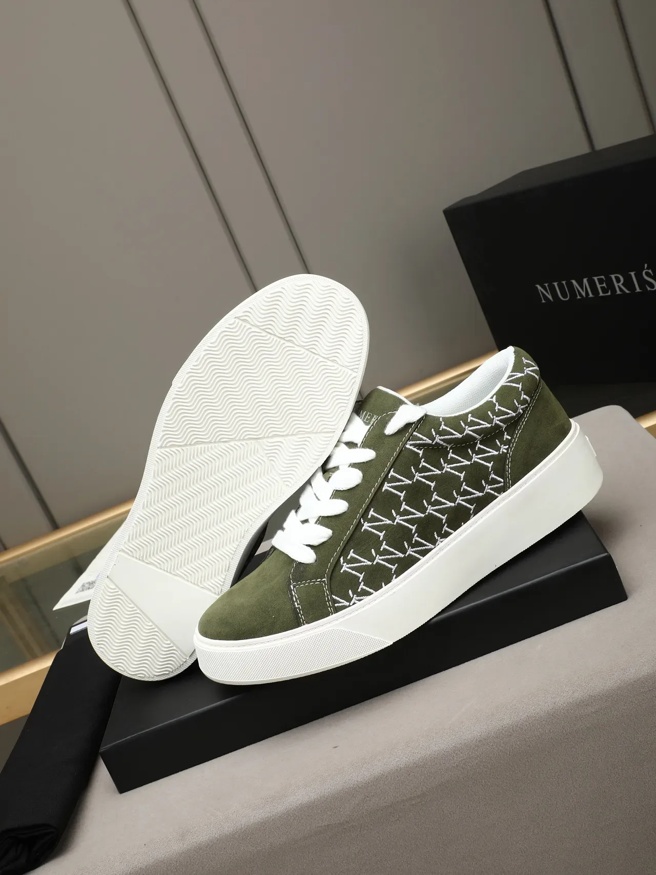 Olive Green Suede Embroidered Monogram Platform Sneaker 4