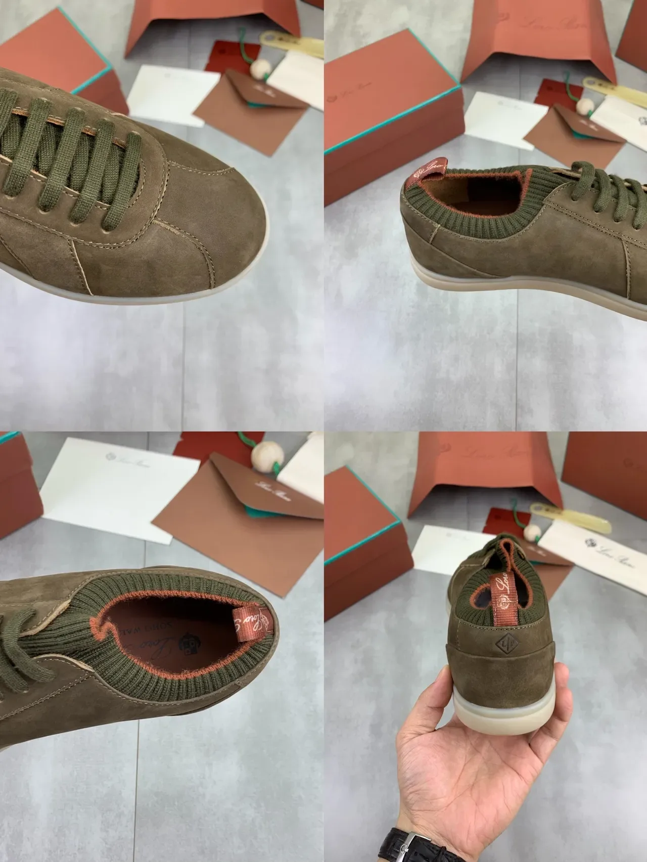 Olive Suede Knit-Collar Low-Top Sneakers 2