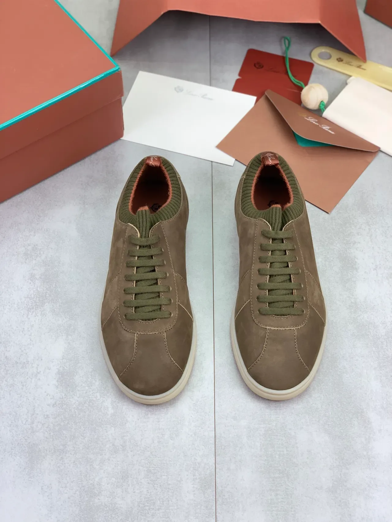 Olive Suede Knit-Collar Low-Top Sneakers 4