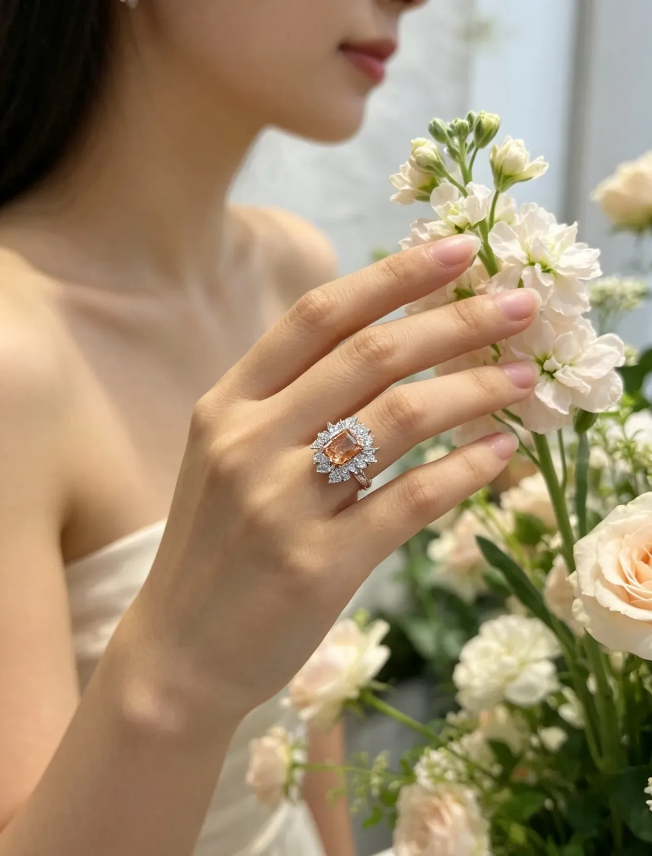 Orange White Halo Cluster Cushion-Cut Center Ring 2