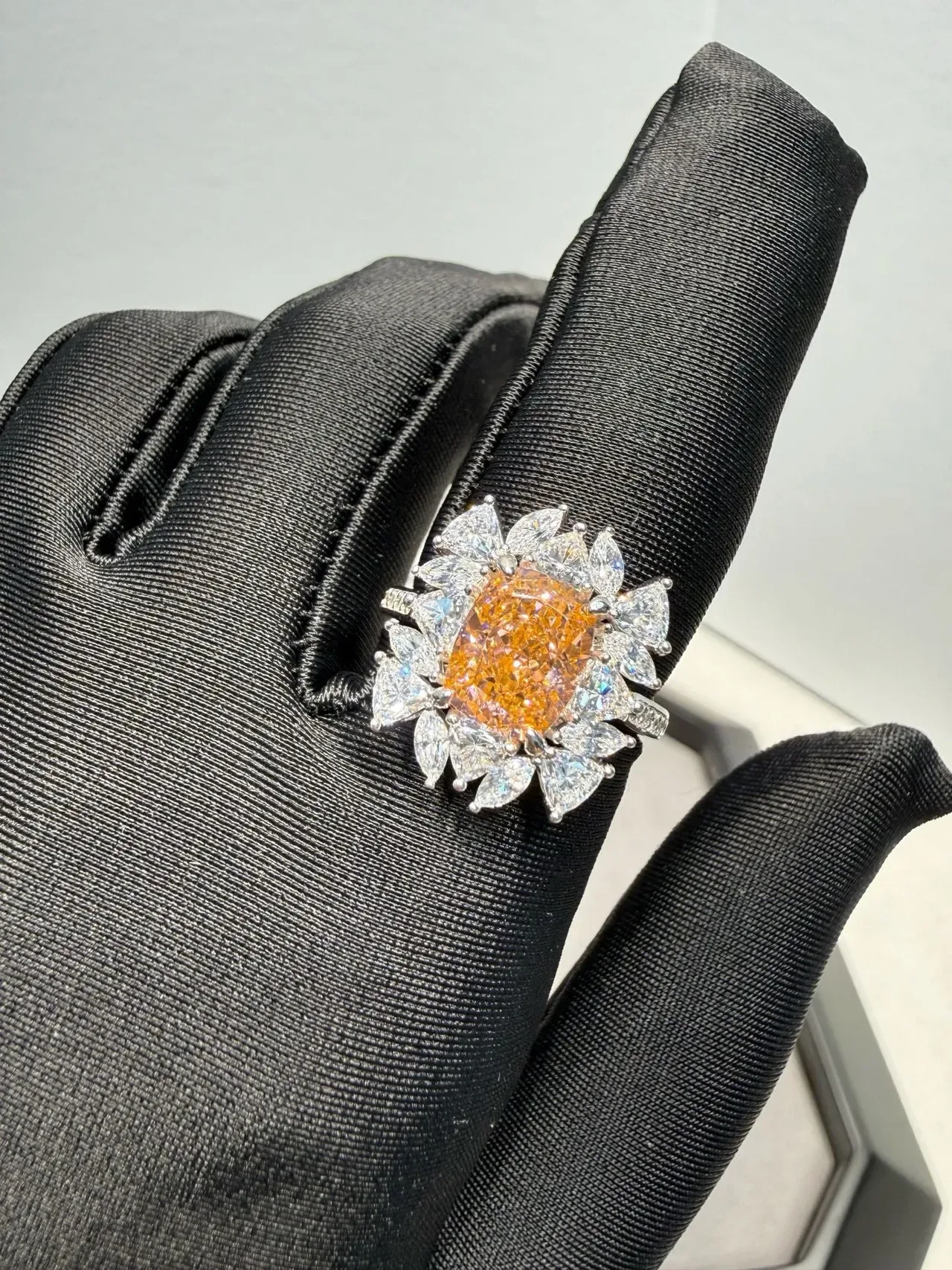 Orange White Halo Cluster Cushion-Cut Center Ring 3
