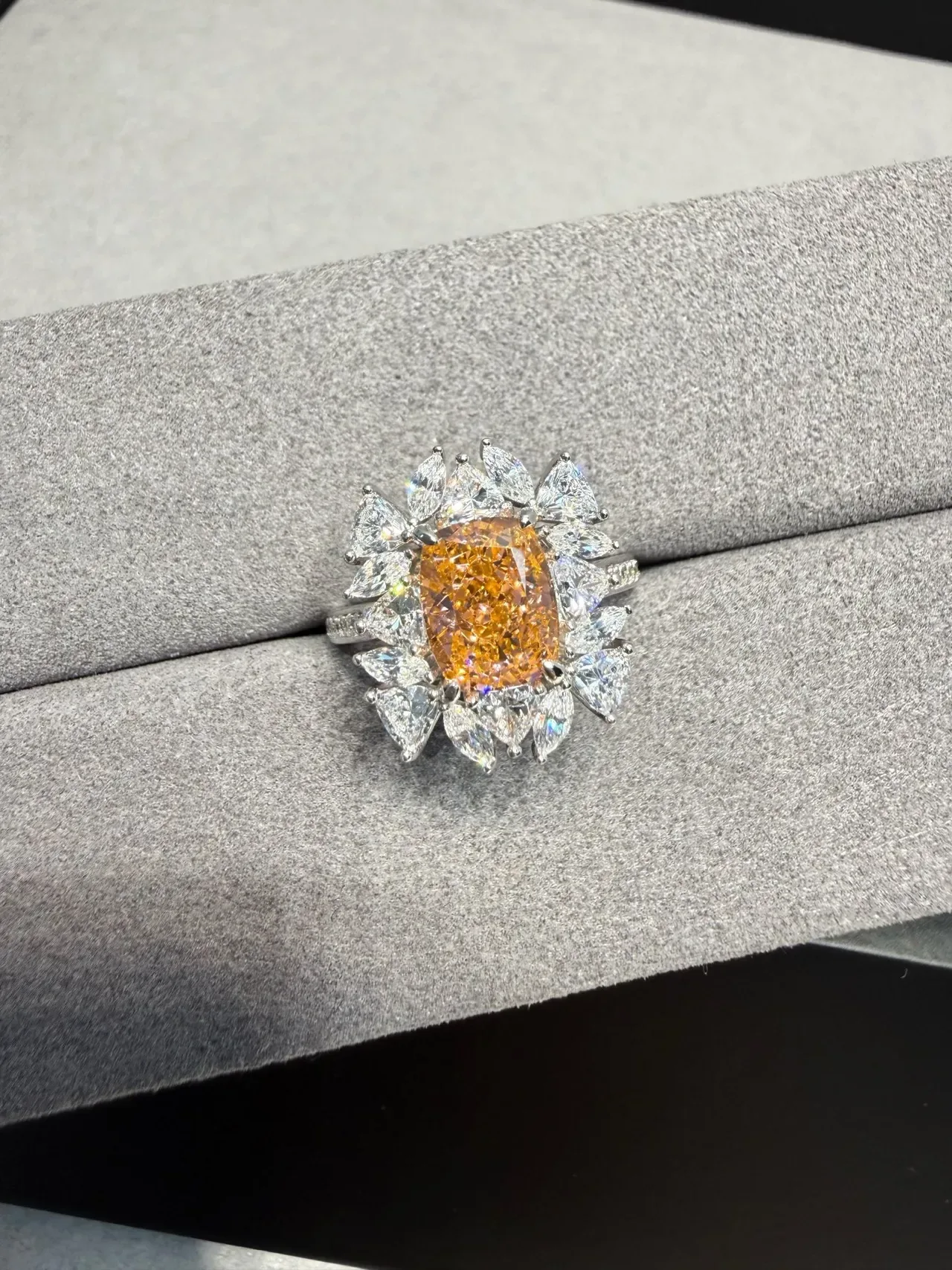 Orange White Halo Cluster Cushion-Cut Center Ring 4
