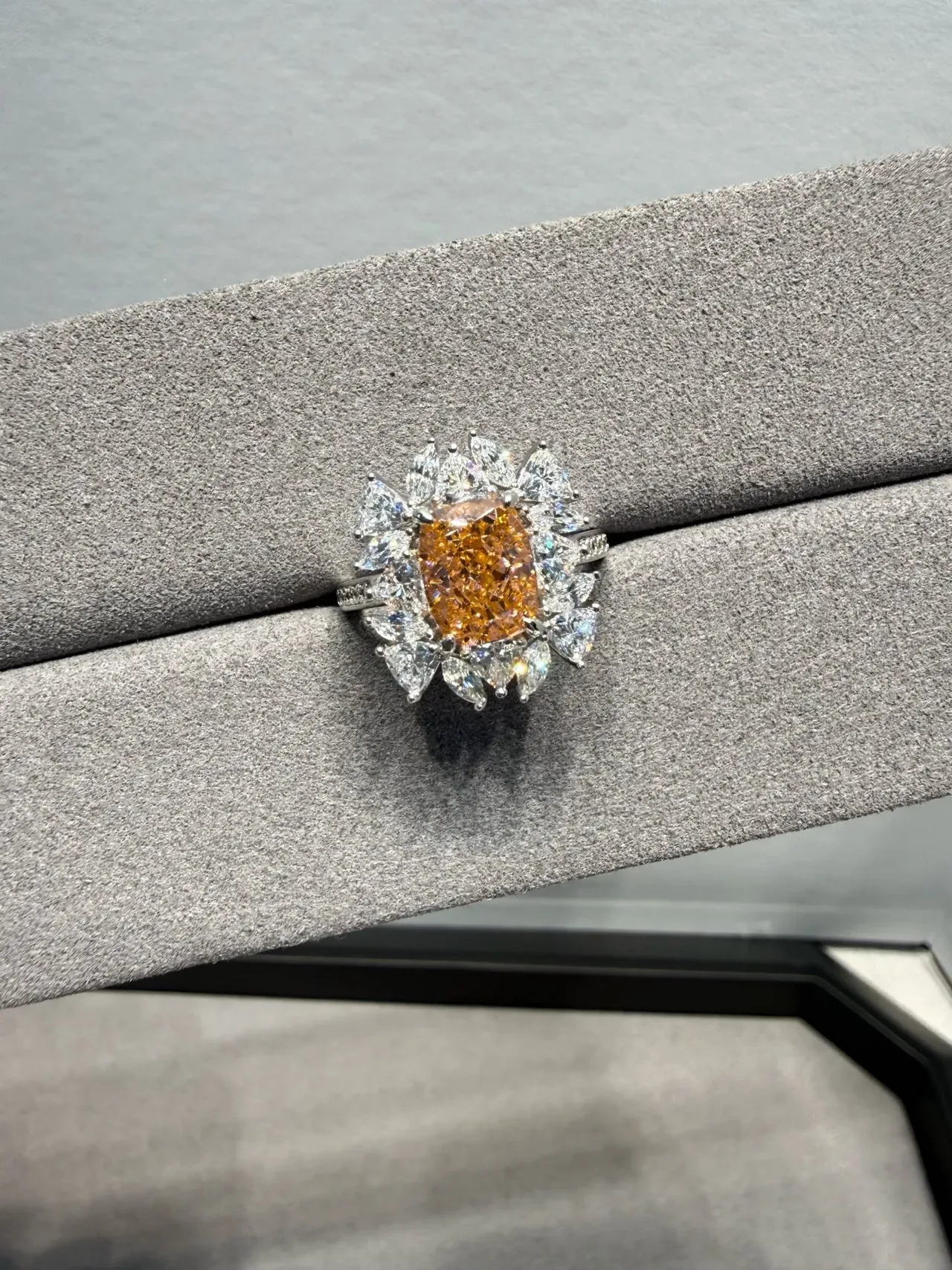Orange White Halo Cluster Cushion-Cut Center Ring 5