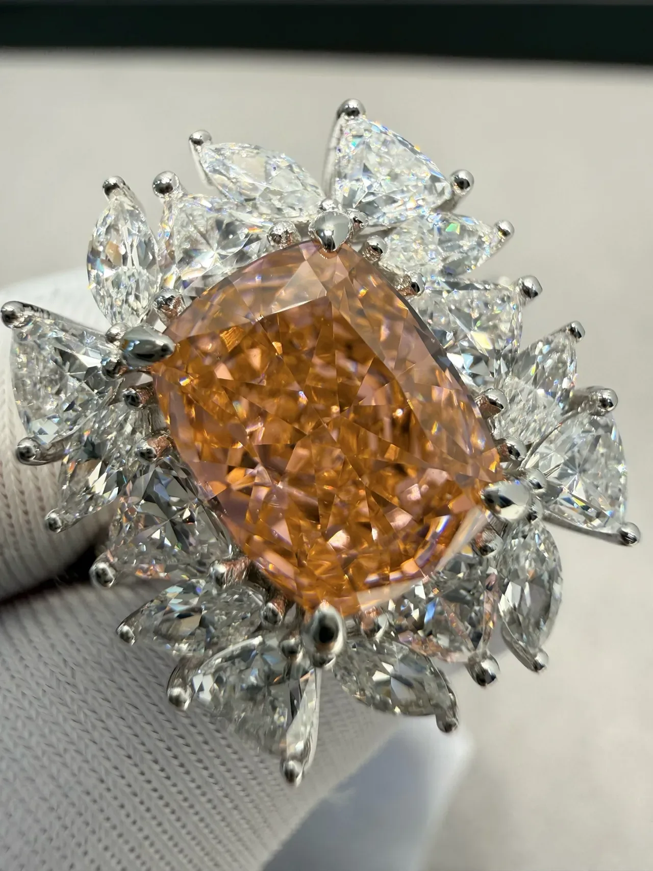 Orange White Halo Cluster Cushion-Cut Center Ring 6