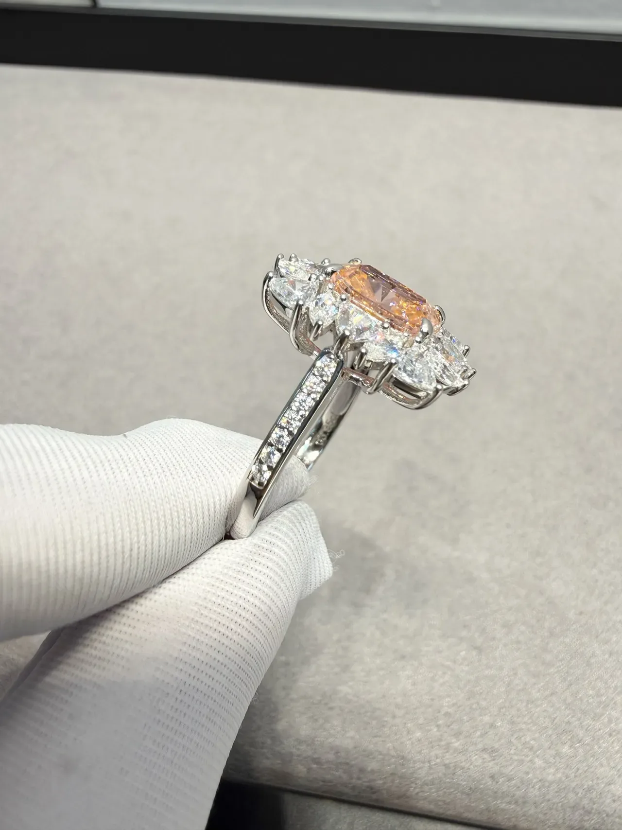 Orange White Halo Cluster Cushion-Cut Center Ring 7